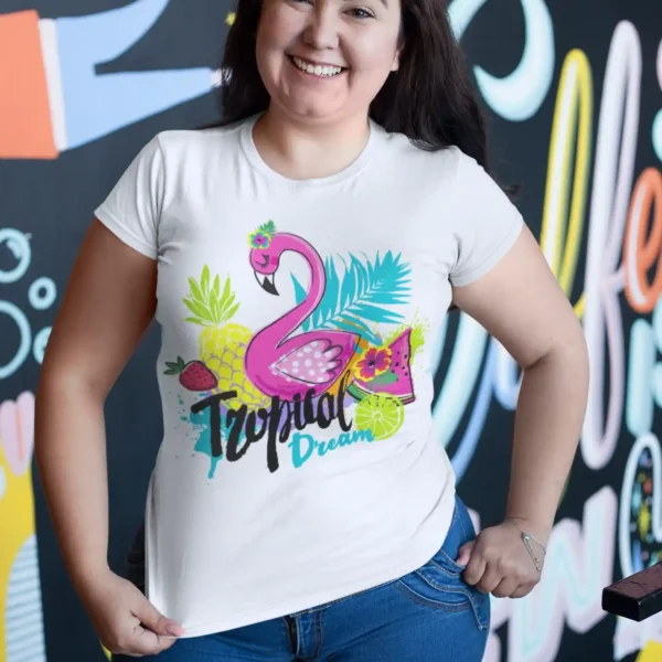 Camiseta "Tropical Dream" con Flamenco y Frutas