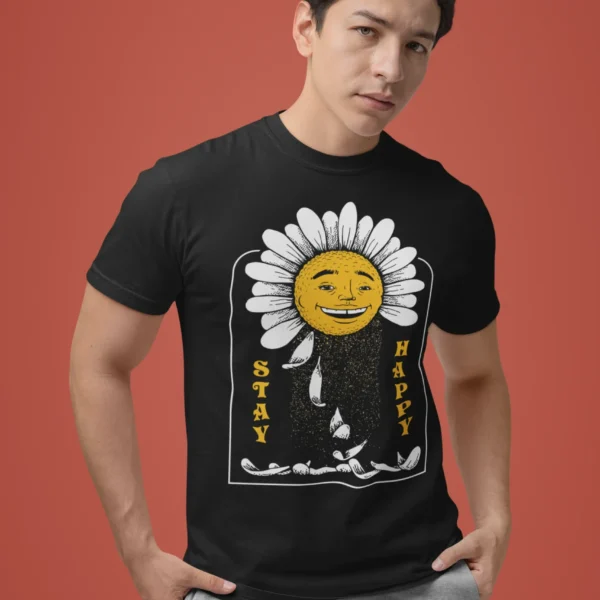 Camiseta "Stay Happy" - Flor Sonriente Retro