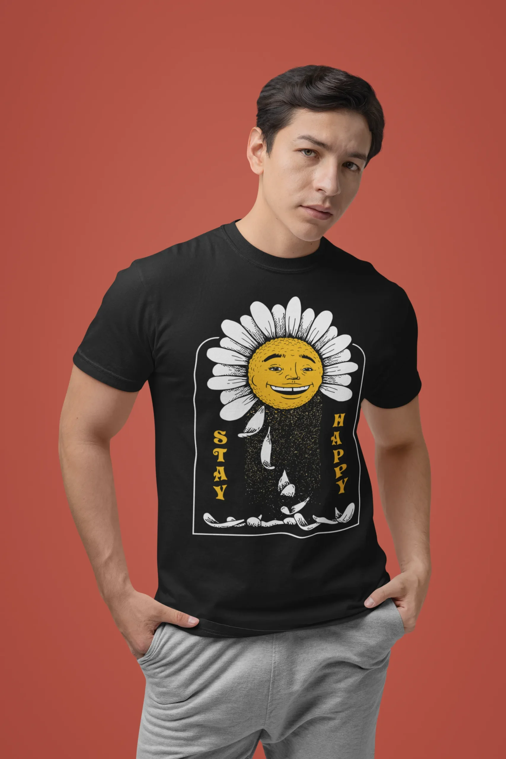 Camiseta "Stay Happy" - Flor Sonriente Retro