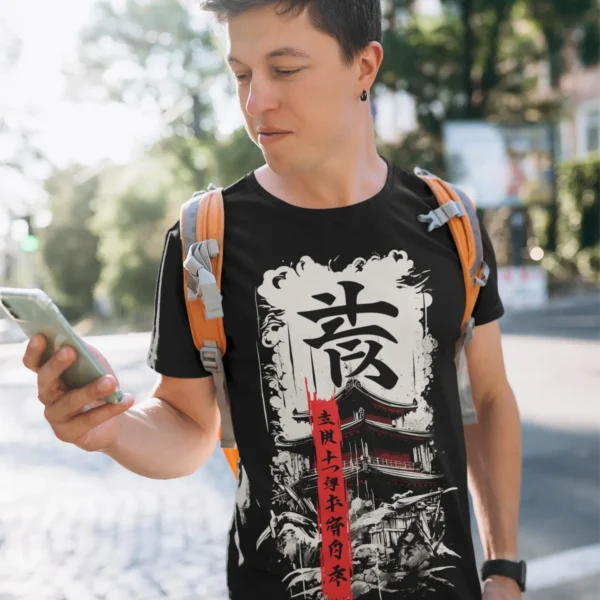Camiseta Diseño Japonés Kanji y Templo Samurai