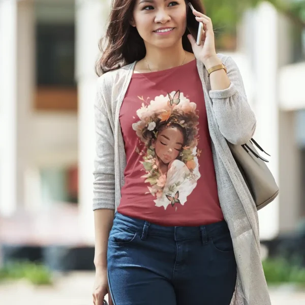 Camiseta de Retrato Femenino y Flores