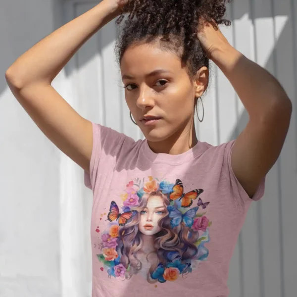 Camiseta de Retrato de Mujer y Mariposas Flores
